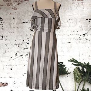 MICHEL Studio Collection cotton viscose blend gunny stripe off the shoulder midi